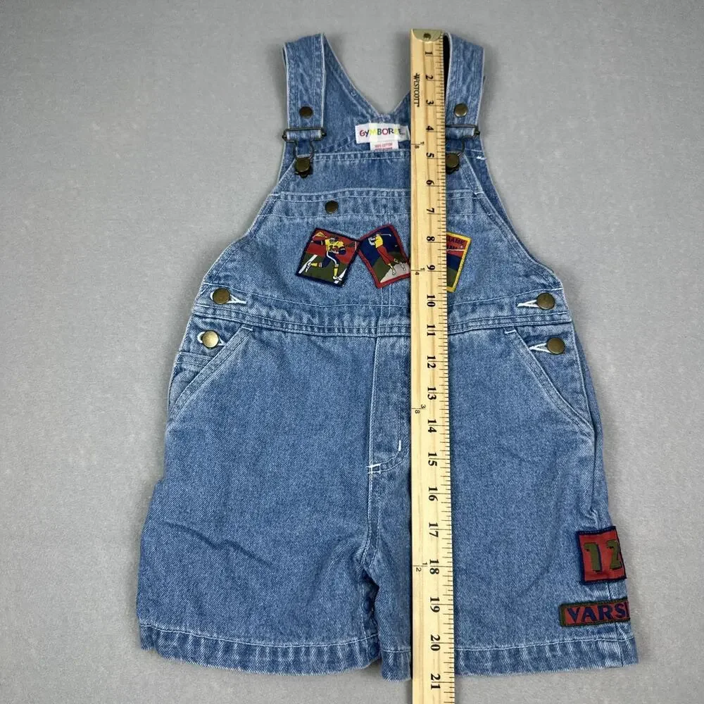 Vintage Gymboree Denim Golf Sport Patches Overall Shorts Size Small Rainbow Tag